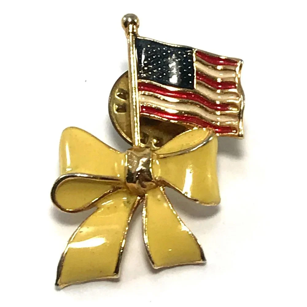Enamel Patriotic American Flag and Yellow Ribbon Tie Tack Lapel Pin Gold Tone
